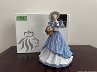 Porcelain figurine in blue and white dress with basket of flowers, original box behind.