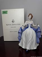 Royal Doulton Pretty Ladies Scottish Pride porcelain figurine with original box visible in background. Figurine detailed with white and blue gown, red hair, blue accessories, and textured dress.