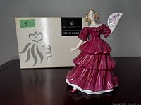 Royal Doulton Pretty Ladies Jennifer figurine with original box shown behind it, front view with visible green sticker.