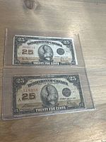 Pair of Dominion of Canada 25 cents Shinplaster paper money notes laid side by side showing front faces, dated 1923.