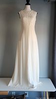 Front view of ivory sleeveless formal dress on mannequin showing lace bodice and flowing chiffon skirt
