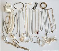 Overview photo showing the full collection of necklaces, earrings, rings, bracelets, hair pins, and the Cardinal watch.