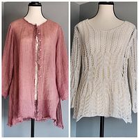 Photo showing two women's tops on mannequins: left is a pink rose linen silk blend blouse by Eileen Fisher, right is an off-white crochet top by Gerry Weber