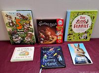 Six bunny rabbit themed children's books displayed front cover up, showing titles and cover illustrations including bunnies and colorful graphics. Books include 5 Minute Bunny Stories, Velveteen Rabbit, The Little Bunnies, I Guess How Much I Love You, Voyage to the Bunny Planet, and Peter Rabbit chapter book.