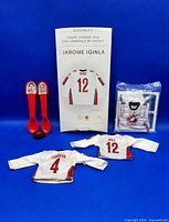 2006 McDonald's Jarome Iginla mini hockey jersey, loose mini jerseys, 1997 Jello promotional hockey spoons, and small rubber maple leaf puck displayed on blue background