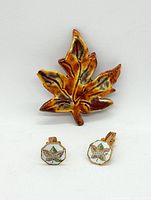 Full view of the ceramic maple leaf brooch alongside the pair of goldtone enamel maple leaf cufflinks with 'Canada' text.