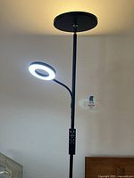 Front view of black floor lamp with lit circular LED light ring and remote attached to the pole.