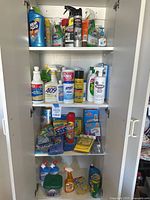 Full view of four shelves featuring various cleaning supplies bottles, sprays, containers and boxes inside a cabinet.