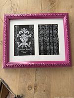Front view of the pink picture frame with double openings and decorative black patterned inserts inside the mat showing brand label 'Sheffield Home'.