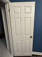 Full view of one door leaning against blue wall showing six-panel design, brass knob and three hinges on left edge