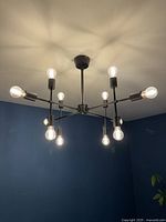 Black pendant light fixture mounted on ceiling, showing 12 exposed clear bulbs arranged on adjustable black metal arms, casting defined light shadows on ceiling and walls.