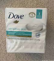 Photo of the unopened package of Dove Sensitive Skin bar soap with three bars inside