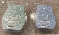Photo showing two Scentsy wax cube packs, Aloe Water & Cucumber and I'm Snow Over It, labeled with scent names and brand.