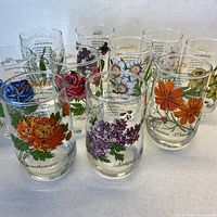 Set of ten clear flowered glass tumblers displayed together showing floral designs on each glass front and script names below each flower.