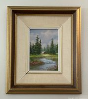 Full view of framed oil on board painting showing entire frame and painting.
