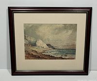 Full front view of framed watercolor seascape painting.