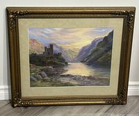 Full view of the framed watercolour painting showing castle landscape and frame