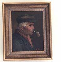 Framed oil painting showing profile of elderly man smoking pipe, signed J Hemert.