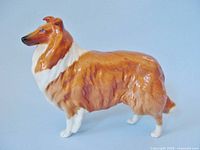 Side view of Beswick porcelain Collie dog figurine showing detailed fur coloring and posture.