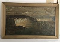 Full view of the folk art painting showing both American and Canadian falls at Niagara Falls with aged varnish and gold frame.