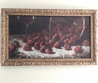 Full front view of Victorian still life print of strawberries and wine with ornate carved antique frame.