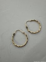 Pair of small gold hoop earrings with textured spiral design laid flat on a white background.