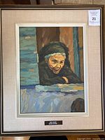 Full view of framed painting showing subject, mat, and frame