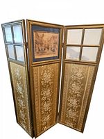 Full view of the three-panel gilded wood privacy screen with silk panels and beveled glass panes, showing overall design and condition.