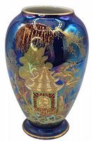 Front view of Carlton Ware Milkado Blue Lustre vase showing detailed pagoda and weeping willow tree design.