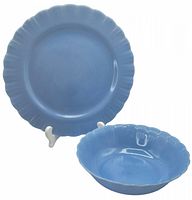 Front view of the Delphite Blue cake plate and bowl showing size and color