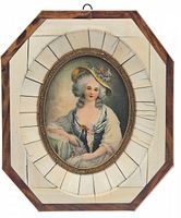 Front view of the hand painted miniature portrait depicting Marie Antoinette in period attire within an octagonal frame.