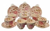 Front view of all eight sets of Johnson Bros Rose Chintz cups and saucers arranged in rows showing the detailed floral pattern