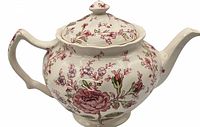 Side view of the Johnson Bros Rose Chintz teapot showing floral pattern, spout, and handle