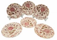 Six Johnson Bros Rose Chintz 6 inch tea plates arranged with three upright and three flat showing front pattern