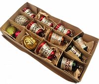 Box with cardboard compartments holding assorted glass ornaments