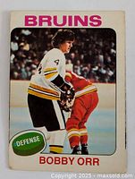 Front of 1975-76 OPC Bobby Orr Bruins hockey card showing player in action.