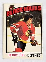 Front of the Bobby Orr hockey card showing the player in Chicago Black Hawks jersey with team and player details.