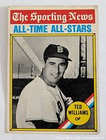 Front of Ted Williams All-Time All-Stars baseball card showing black and white photo of Williams in Boston Red Sox uniform, card title and player name badge.