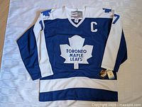 Full front view of blue and white jersey laid flat