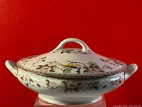 Side view of Nippon porcelain tureen with lid showing hand painted bird of paradise and floral vegetation design on white background with side handles and curved lid handle.