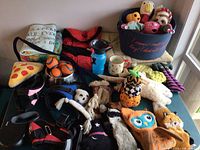 Photo showing the assortment of plush dog toys, tennis ball toys, leashes, harnesses, water bottle, bowl, blanket and basket with more toys.