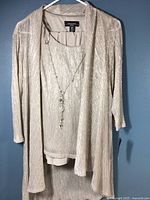 Full view of the silver three-piece ensemble on a hanger showing the sheer jacket, shell with attached necklace, and pants beneath.