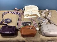 Wide shot of all three purses with corresponding wide cloth straps, thin leather straps in packaging, gold chain strap on branded dust bag