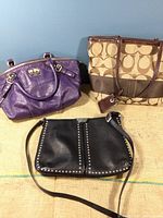 Full view of all three purses showing the brown Coach tote with signature jacquard canvas, purple Coach leather purse, and black Brighton purse.