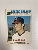 Front of 1977 O Pee Chee Nolan Ryan Record Breaker baseball card showing player image, team, and record details.