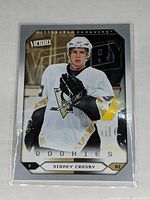 Front of 2005-06 Upper Deck Victory Rookie hockey card featuring Sidney Crosby in Pittsburgh Penguins uniform.