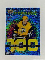 Front of 2024-2025 Upper Deck Tim Hortons Mario Lemieux Dynamic Debuts holographic hockey card in Pittsburgh Penguins uniform, showing text 'Dynamic', '100 Points'