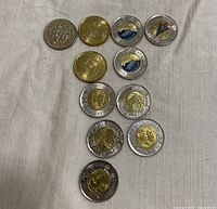 Top view of 12 assorted Canadian collectible coins arranged on cloth, showing various commemorative designs including mountains, portraits, and colorized elements.