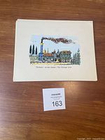 Single vintage art print showing a steam locomotive 'Deutscher' serving Lemate's Post Exchange from 1876 with colored illustration on white background.
