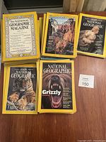 Five vintage National Geographic magazines with striking covers, including a grizzly bear, Siberian tiger, a cliff, and a sculpture.